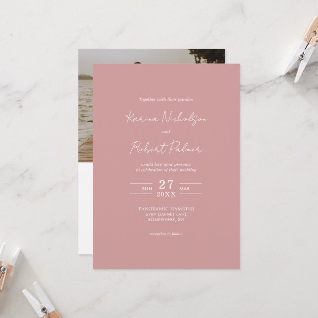 Invitación Boda RSVP de código QR de foto rosa de presupuesto (Anverso/Reverso In Situ)