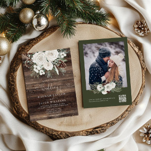 Invitación Boda RSVP de código QR de Pine de Invierno Rústico