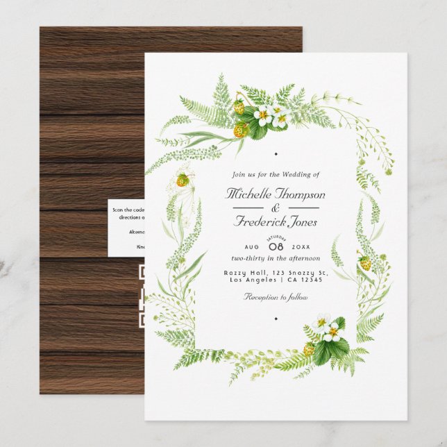 Invitación Boda RSVP de código QR de vegetación rural rústica (Anverso / Reverso)