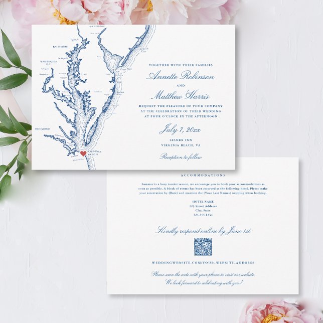 Invitación Boda RSVP de código QR de Virginia Beach todo en u (Virginia Beach all-in-one QR code Wedding Invitation in elegant navy blue with details on the back)