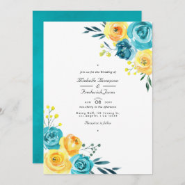 Invitación Boda RSVP de código QR floral amarillo y turquesa