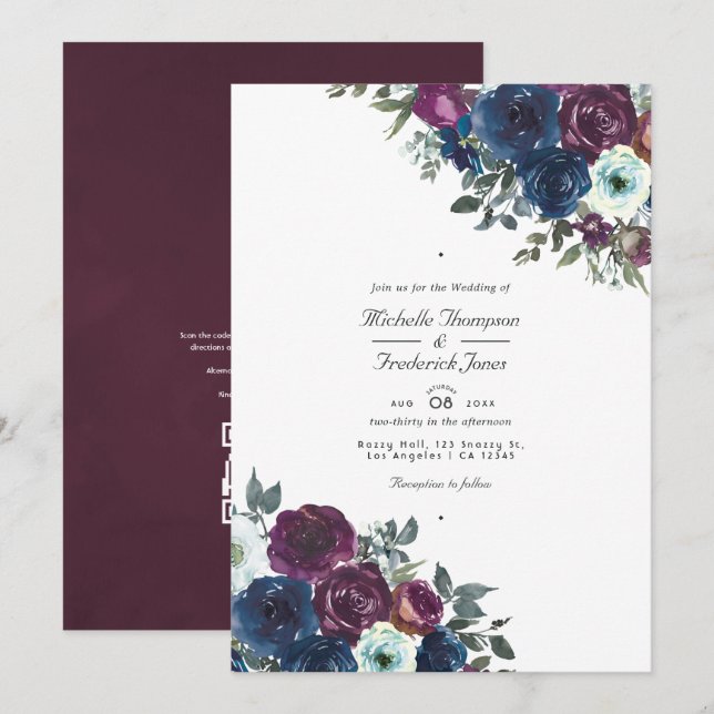 Invitación Boda RSVP de código QR floral de ciruela y marina (Anverso / Reverso)