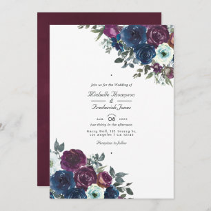 Invitación Boda RSVP de código QR floral de ciruela y marina