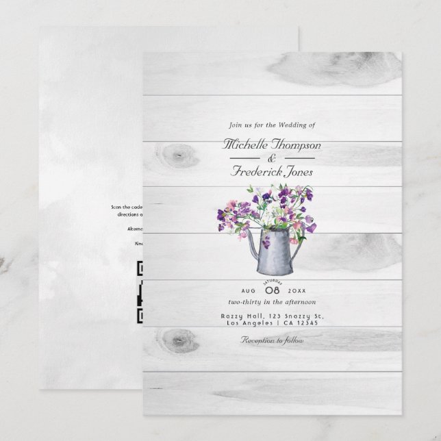 Invitación Boda RSVP de código QR floral de jardín rural rúst (Anverso / Reverso)