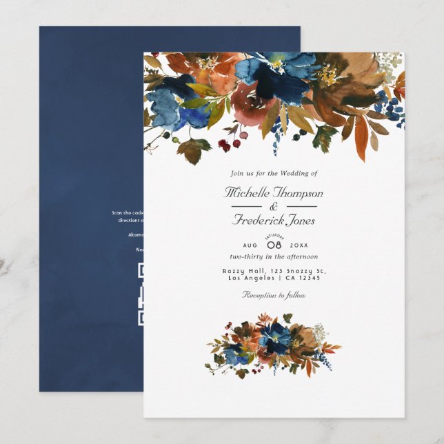 Invitación Boda RSVP de código QR floral de jengibre y marina (Anverso / Reverso)