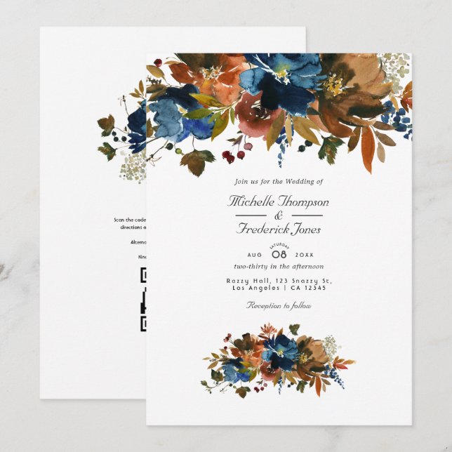 Invitación Boda RSVP de código QR floral de jengibre y marina (Anverso / Reverso)