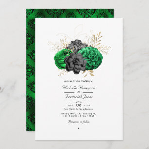 Invitación Boda RSVP de código QR floral de oro y esmeralda o
