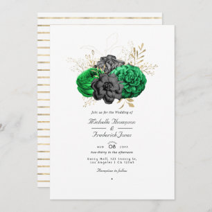 Invitación Boda RSVP de código QR floral de oro y esmeralda o