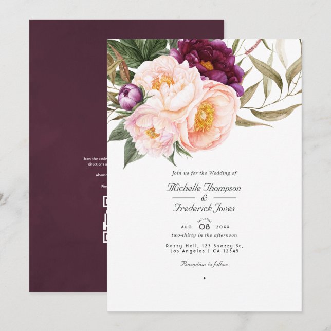 Invitación Boda RSVP de código QR floral de plumas y hojas (Anverso / Reverso)