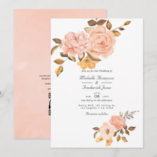 Invitación Boda RSVP de código QR floral rosa y dorada de Rub