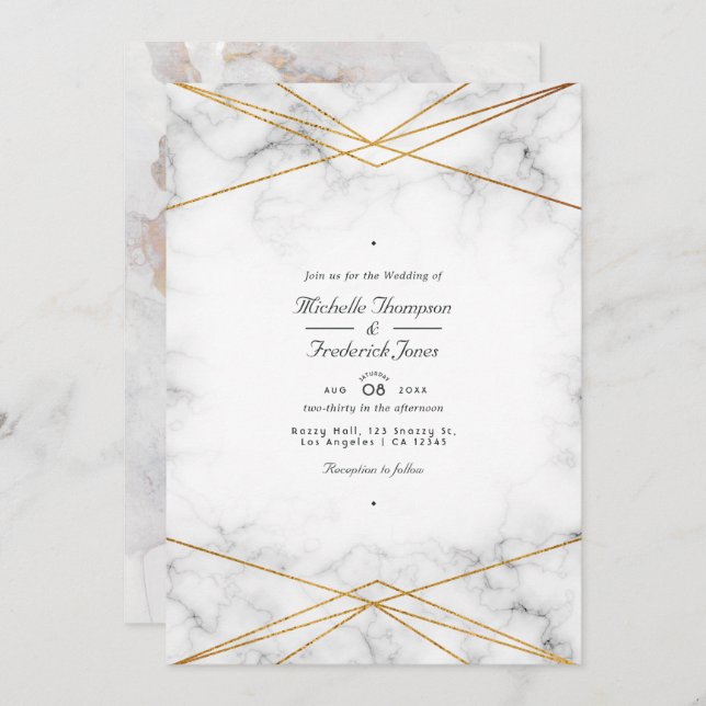 Invitación Boda RSVP de código QR geométrico de mármol de oro (Anverso / Reverso)