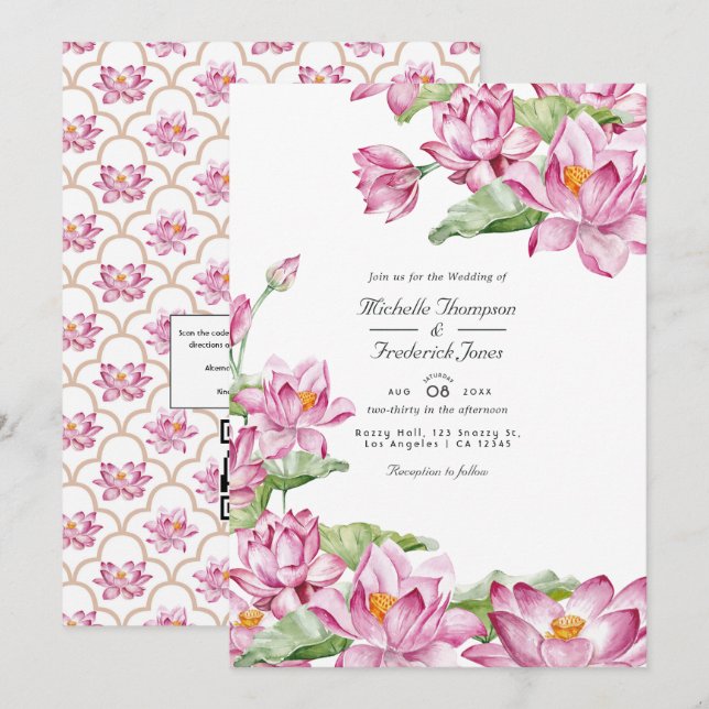 Invitación Boda RSVP de código QR indio de flores de Lotus (Anverso / Reverso)