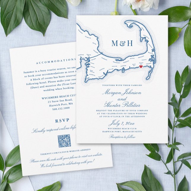 Invitación Boda RSVP de código QR todo en uno de Cape Cod (These double sided all in one Cape Cod wedding invitations include the RSVP info on the back)