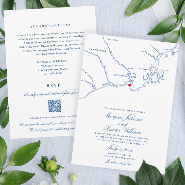 Invitación Boda RSVP de código QR todo en uno de Kennebunkpor (These double sided Kennebunkport Wedding invitations save paper and stamps with a QR code RSVP)