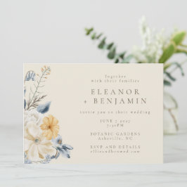 Invitación Boda RSVP de color de agua floral amarillo y azul 