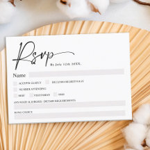 Boda rsvp de guión blanco negro simple y elegante