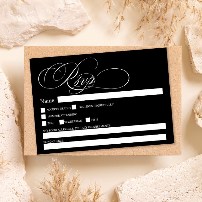 Invitación Boda rsvp de la moda de caligrafía negra blanca (White black calligraphy chic rsvp wedding invitation)