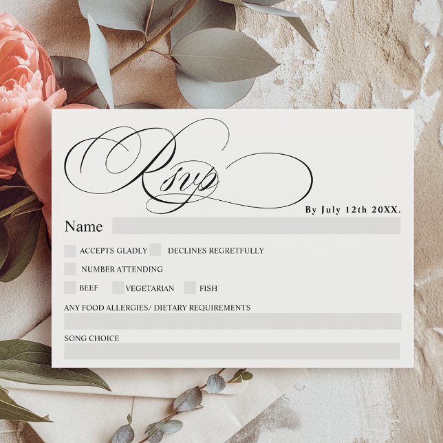 Invitación Boda rsvp de moda de caligrafía blanca negra ( Black white calligraphy chic rsvp wedding invitation)