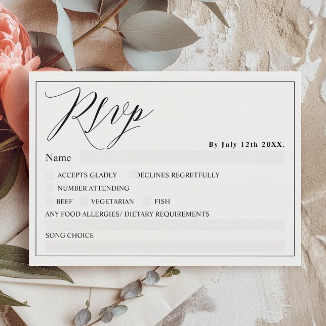 Invitación Boda rsvp de moda de guión elegante en blanco negr (Black white elegant script chic rsvp wedding invitation)