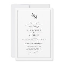 Boda RSVP de monograma blanco negro simple y elega