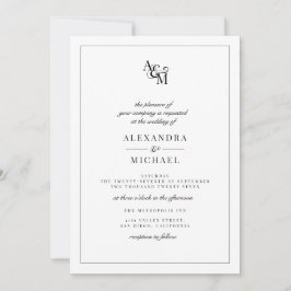 Invitación Boda RSVP de monograma blanco negro simple y elega