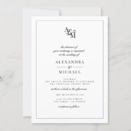 Invitación Boda RSVP de monograma blanco negro simple y elega