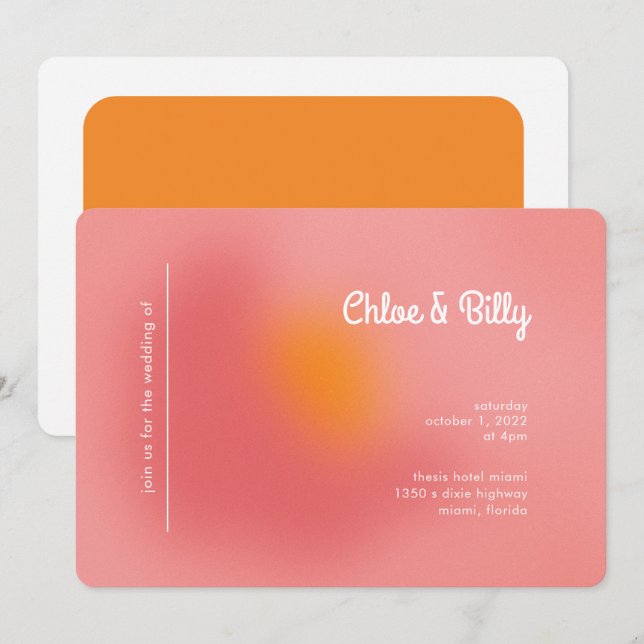 Invitación Boda RSVP de Naranja rosa de degradado retro moder (Anverso / Reverso)