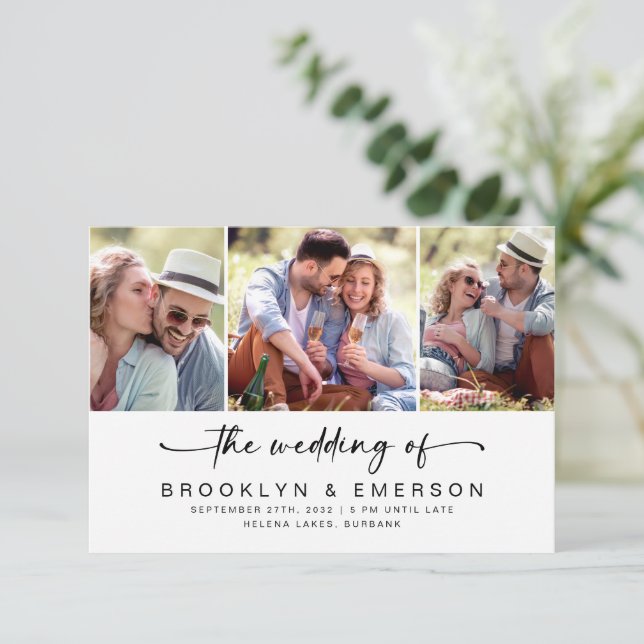 Invitación Boda RSVP de tres fotos de código QR para fotograf (Anverso de pie)