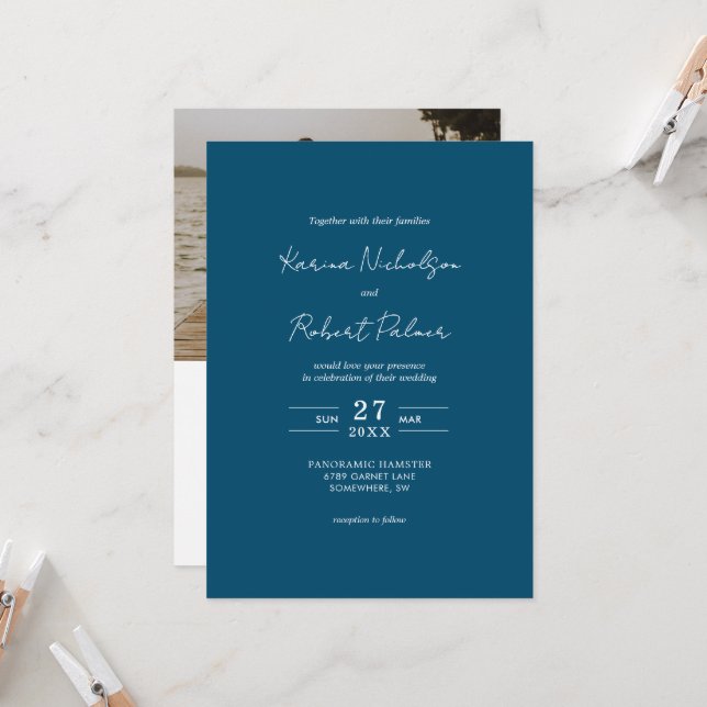 Invitación Boda RSVP del código QR de la foto azul de la mari (Anverso/Reverso In Situ)