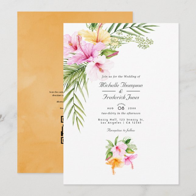 Invitación Boda RSVP del código QR de la playa floral tropica (Anverso / Reverso)
