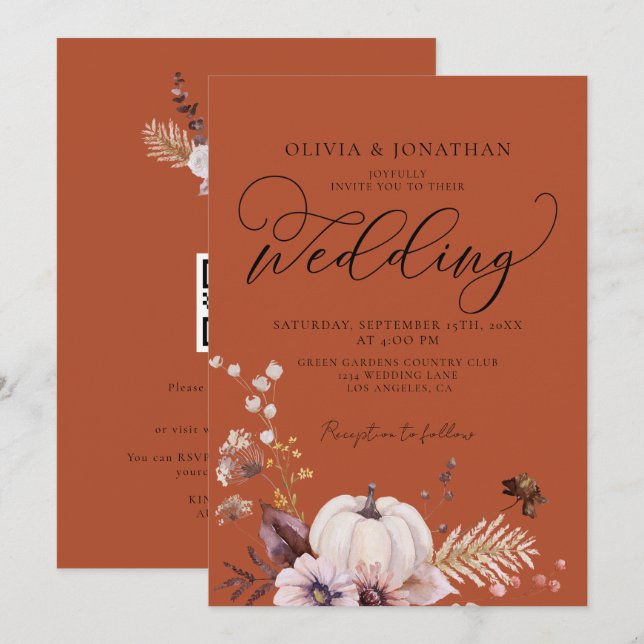 Invitación Boda RSVP del código QR de Terracota floral de oto (Anverso / Reverso)