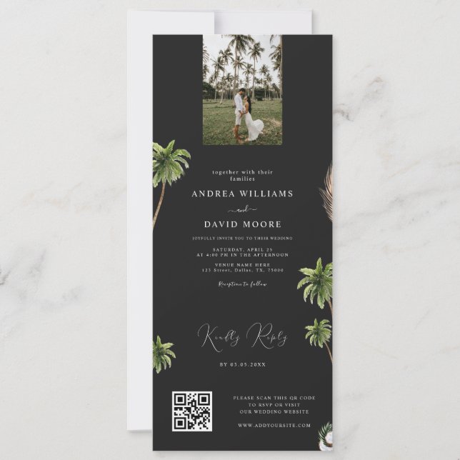 Invitación Boda RSVP del código QR del árbol de palmas tropic (Anverso)