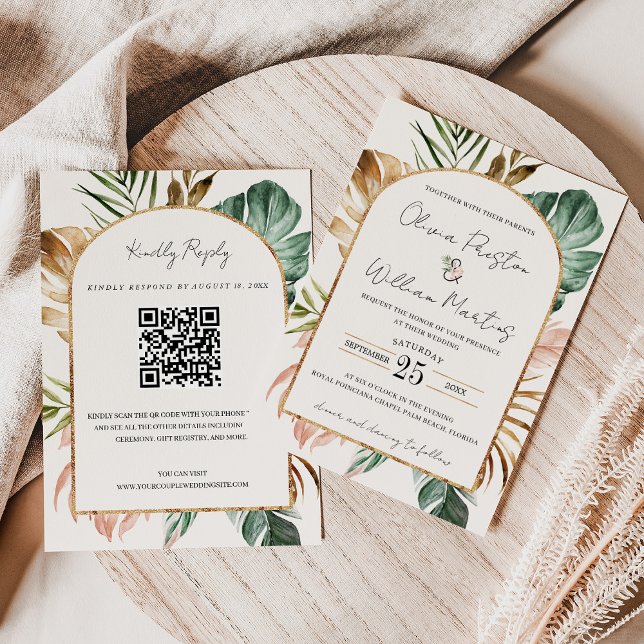 Invitación Boda RSVP del código QR del arco de hojas tropical (Summer Tropical Leaves Arch QR Code RSVP Wedding Invitation)