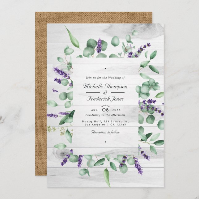 Invitación Boda RSVP del código QR Rústico de Eucalyptus Lave (Anverso / Reverso)