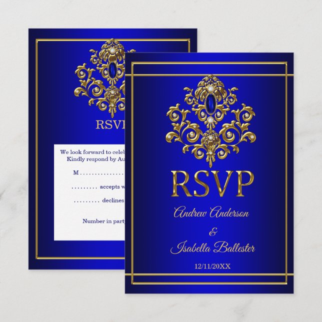 Invitación Boda RSVP Elegant Royal Blue Gold Jewel 2 (Anverso / Reverso)