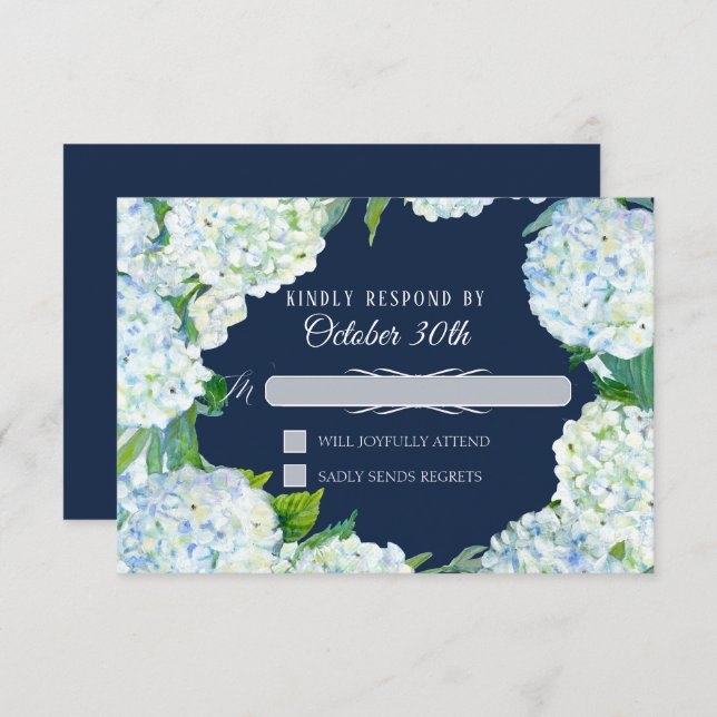 Invitación Boda RSVP Floral White Hydrangea Naval Azul (Anverso / Reverso)