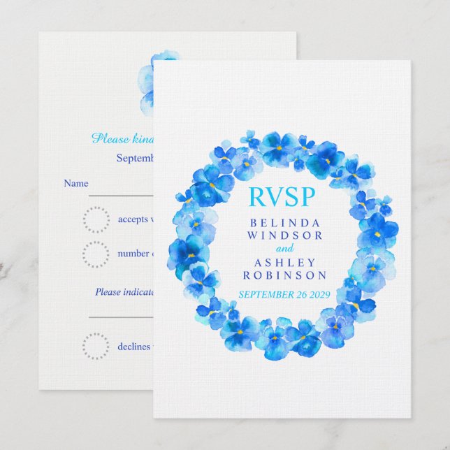 Invitación Boda RSVP floral wreath pansy azul (Anverso / Reverso)