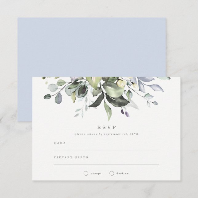 Invitación Boda RSVP Florales Azul Polvo (Anverso / Reverso)