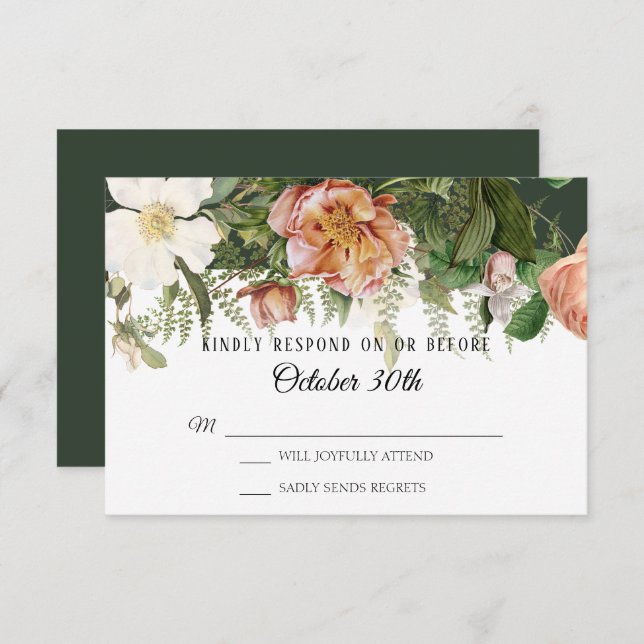 Invitación Boda RSVP Forest Rubor Rosa de Marfil Peony Ferns (Anverso / Reverso)