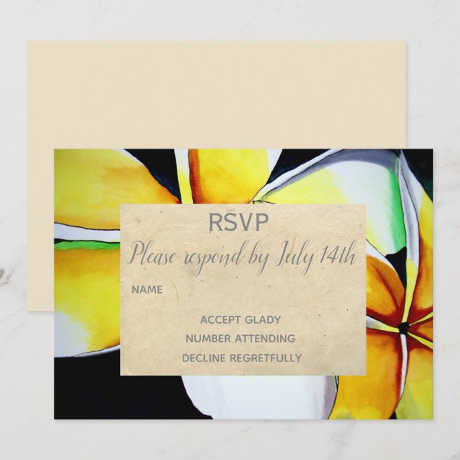 Invitación Boda RSVP frangipani arte de flores de playa tropi (Anverso / Reverso)