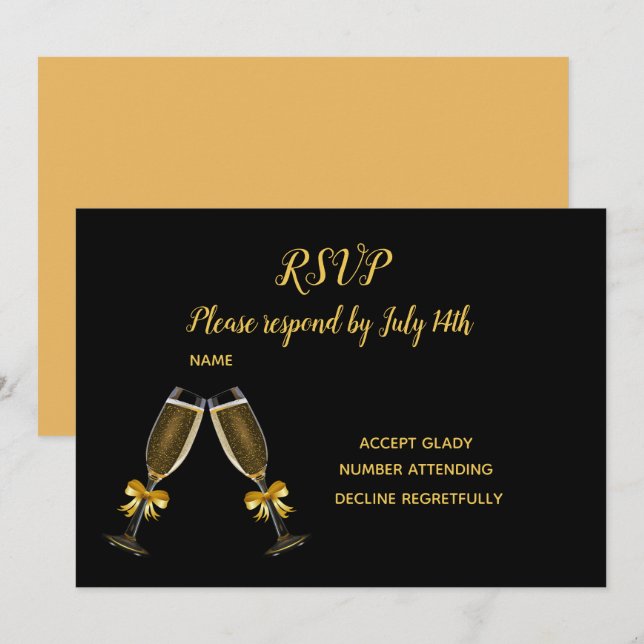 Invitación Boda RSVP gafas de champán negro y oro (Anverso / Reverso)
