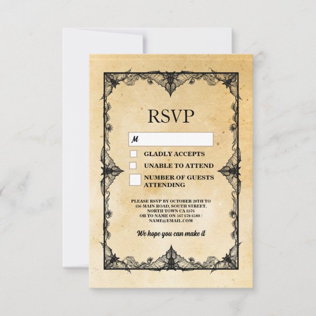 Invitación Boda RSVP Marco gótico Cartas de Halloween Rústica (Anverso)