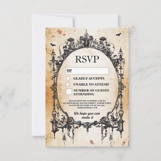 Invitación Boda RSVP Marco gótico Cartas de Halloween Rústica (Anverso)