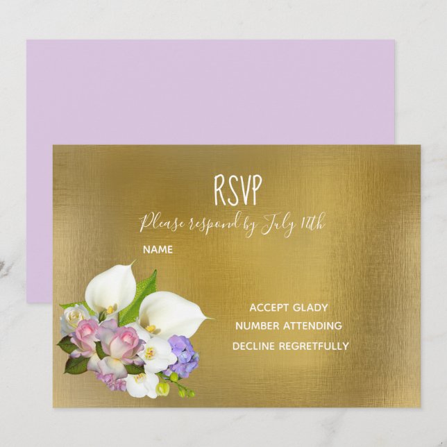 Invitación Boda RSVP pastel floral y dorado tema (Anverso / Reverso)