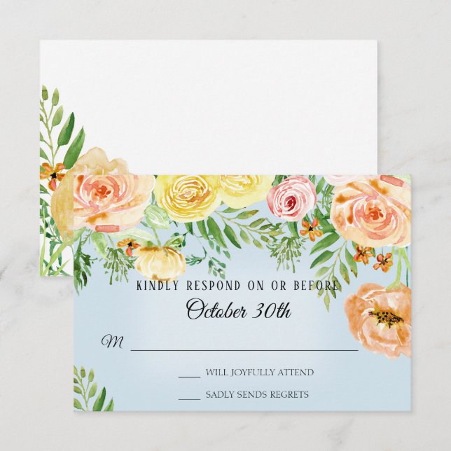 Invitación Boda RSVP Roses amarillos modernos Rubor Floral (Anverso / Reverso)