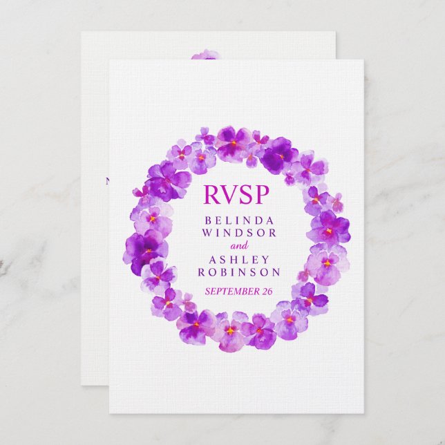 Invitación Boda RSVP violeta floral púrpura vena (Anverso / Reverso)