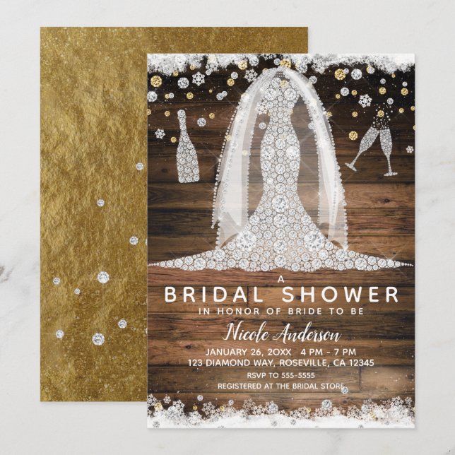 Invitación Boda rubio de diamantes vestido con ducha de novia (Anverso / Reverso)