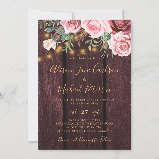 Invitación Boda rubio de oro burdeos (Anverso)