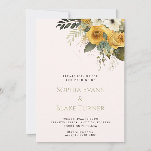Invitación Boda Rubor amarillo blanco y verde floral (Anverso)