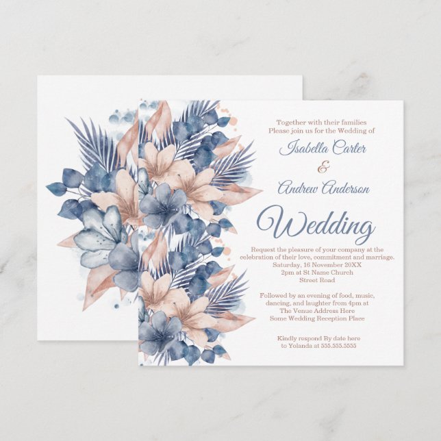 Invitación Boda Rubor Blue Peach Beige Floral White (Anverso / Reverso)